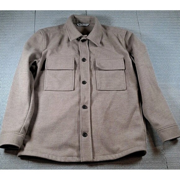 Zara Mens Tan Button Up Shacket Jacket Chest/ Side Pockets M Heavy Cozy Casual - Picture 3 of 6